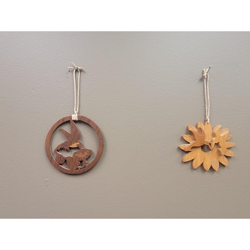 Hand Carved Wooden‎ Bird Ornaments – Pair of Folk Art Hanging Decorations